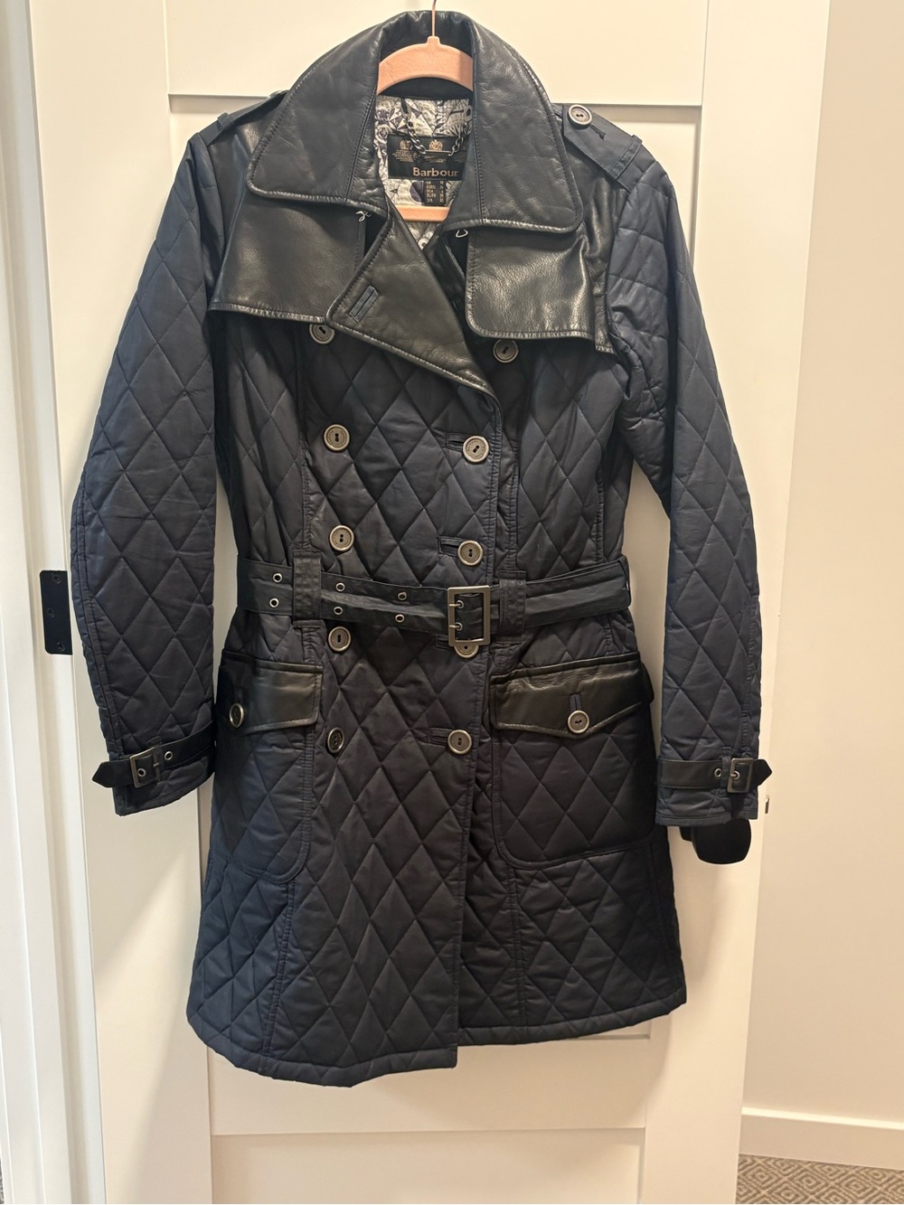 Barbour Navy Quilted Trench Coat with Black Leather Trim